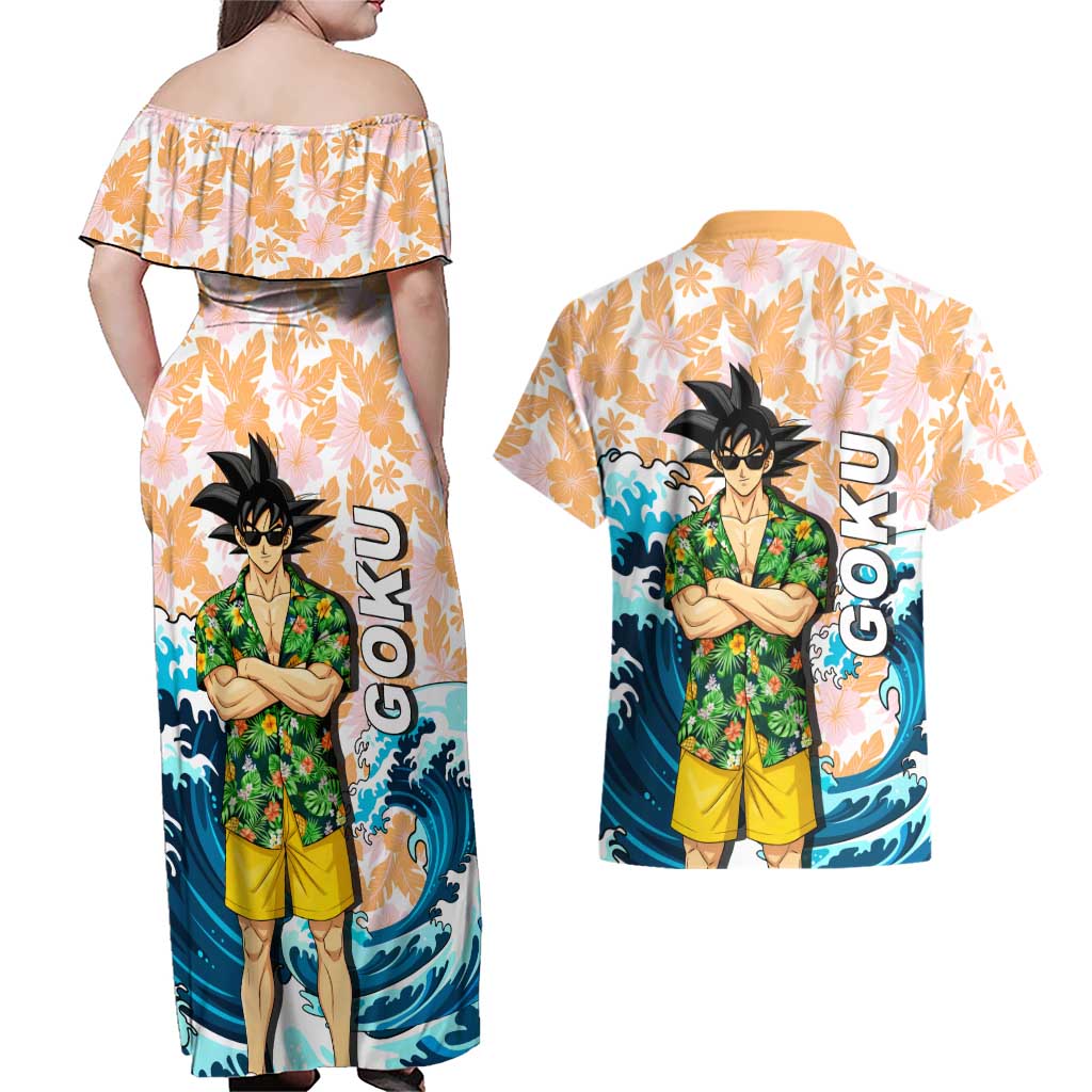 Goku Dragon Ball Summer Theme Couples Matching Off Shoulder Maxi Dress and Hawaiian Shirt with Tropical Floral Shirt Sunglasses Shenron and Ocean Wave Background - The Mazicc