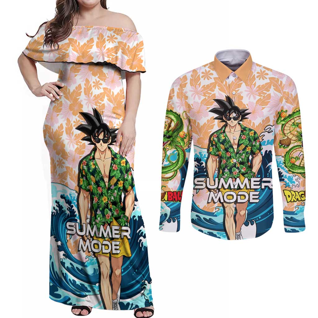 Goku Dragon Ball Summer Theme Couples Matching Off Shoulder Maxi Dress and Long Sleeve Button Shirt with Tropical Floral Shirt Sunglasses Shenron and Ocean Wave Background - The Mazicc
