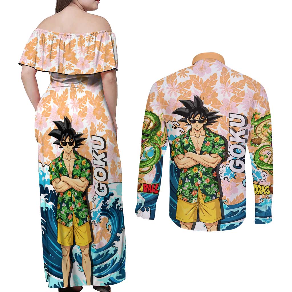Goku Dragon Ball Summer Theme Couples Matching Off Shoulder Maxi Dress and Long Sleeve Button Shirt with Tropical Floral Shirt Sunglasses Shenron and Ocean Wave Background - The Mazicc