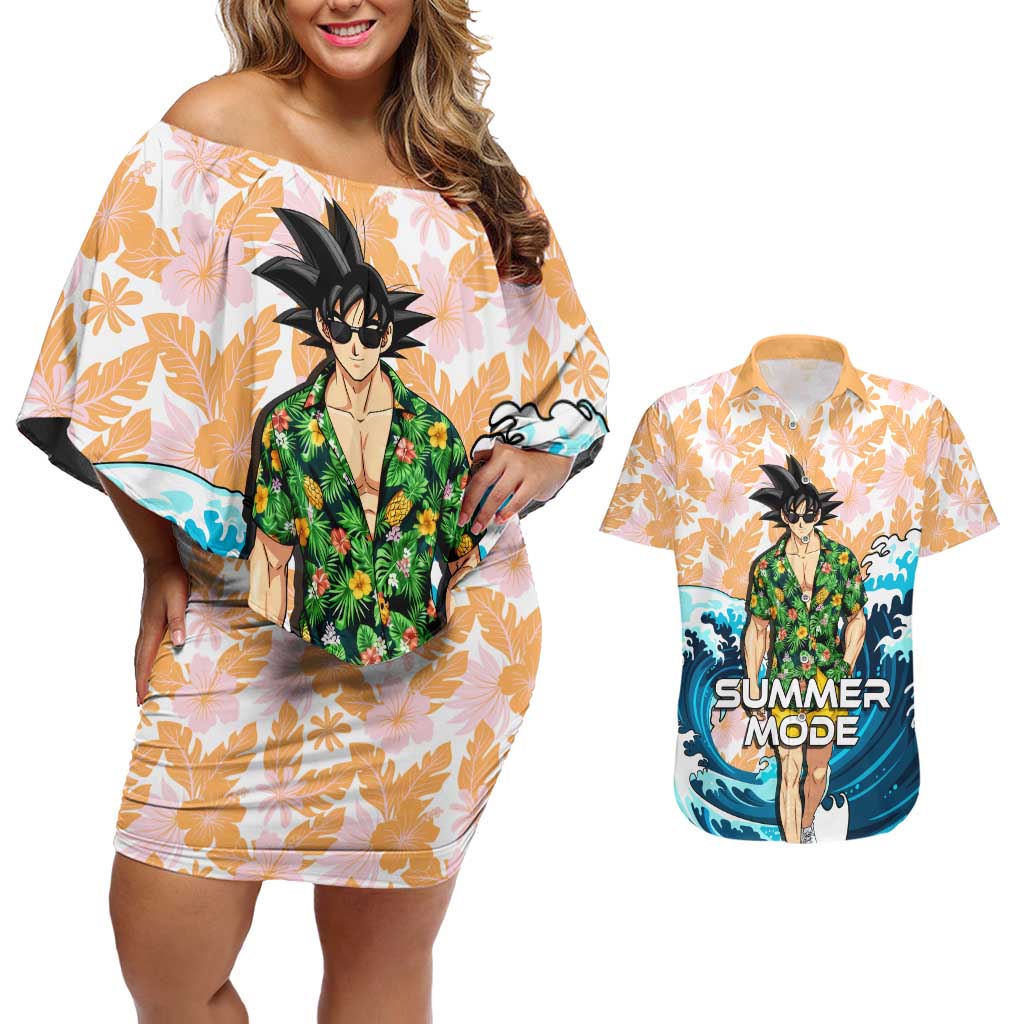 Goku Dragon Ball Summer Theme Couples Matching Off Shoulder Short Dress and Hawaiian Shirt with Tropical Floral Shirt Sunglasses Shenron and Ocean Wave Background - The Mazicc