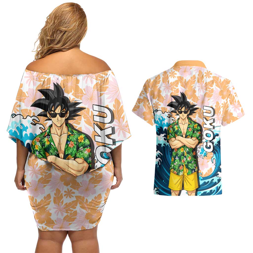Goku Dragon Ball Summer Theme Couples Matching Off Shoulder Short Dress and Hawaiian Shirt with Tropical Floral Shirt Sunglasses Shenron and Ocean Wave Background - The Mazicc