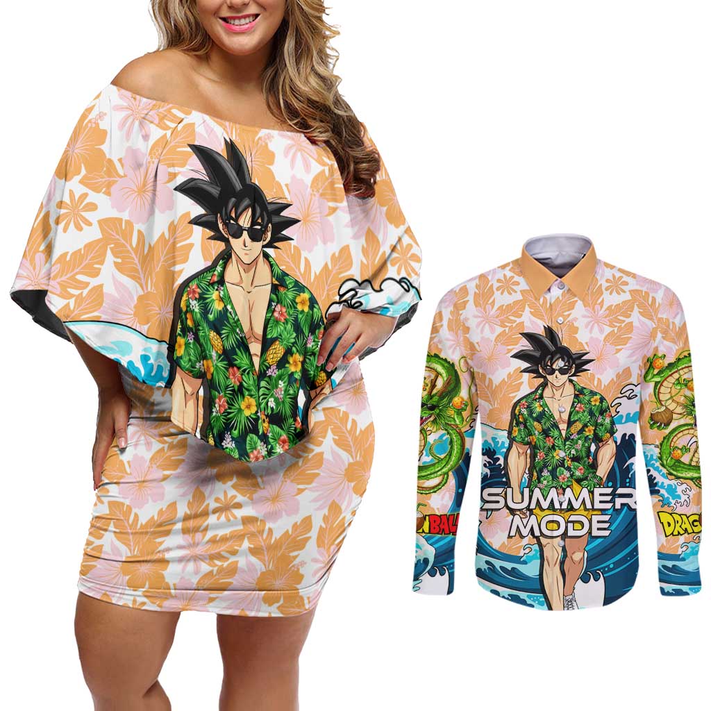 Goku Dragon Ball Summer Theme Couples Matching Off Shoulder Short Dress and Long Sleeve Button Shirt with Tropical Floral Shirt Sunglasses Shenron and Ocean Wave Background - The Mazicc