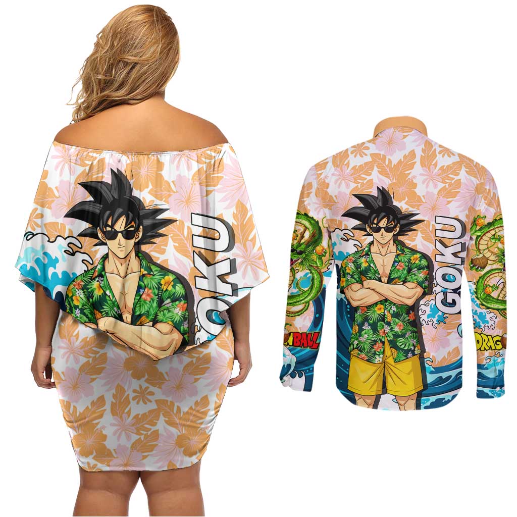 Goku Dragon Ball Summer Theme Couples Matching Off Shoulder Short Dress and Long Sleeve Button Shirt with Tropical Floral Shirt Sunglasses Shenron and Ocean Wave Background - The Mazicc