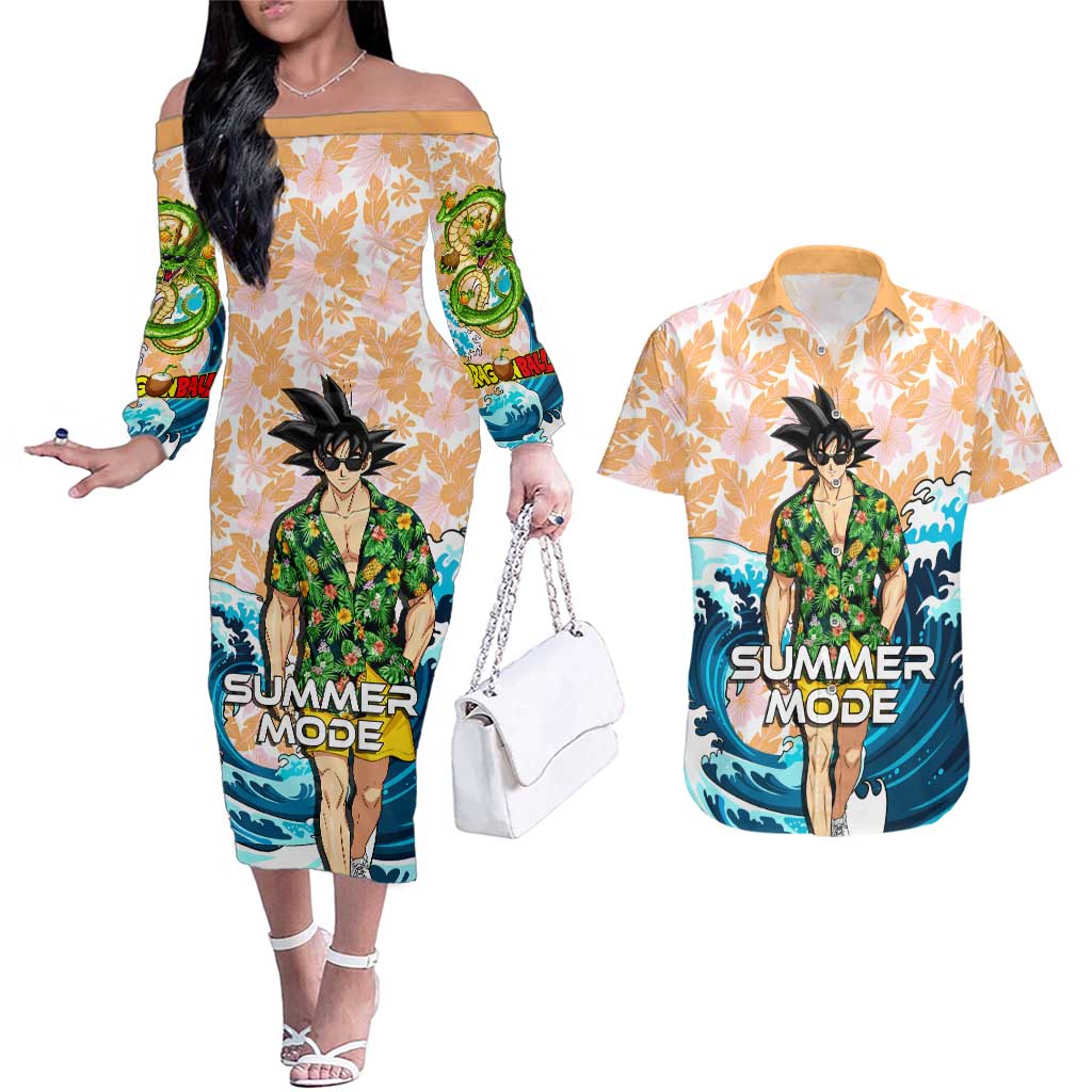 Goku Dragon Ball Summer Theme Couples Matching Off The Shoulder Long Sleeve Dress and Hawaiian Shirt with Tropical Floral Shirt Sunglasses Shenron and Ocean Wave Background - The Mazicc