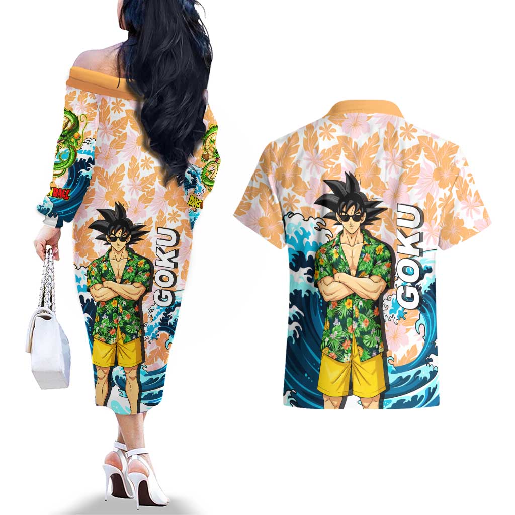 Goku Dragon Ball Summer Theme Couples Matching Off The Shoulder Long Sleeve Dress and Hawaiian Shirt with Tropical Floral Shirt Sunglasses Shenron and Ocean Wave Background - The Mazicc