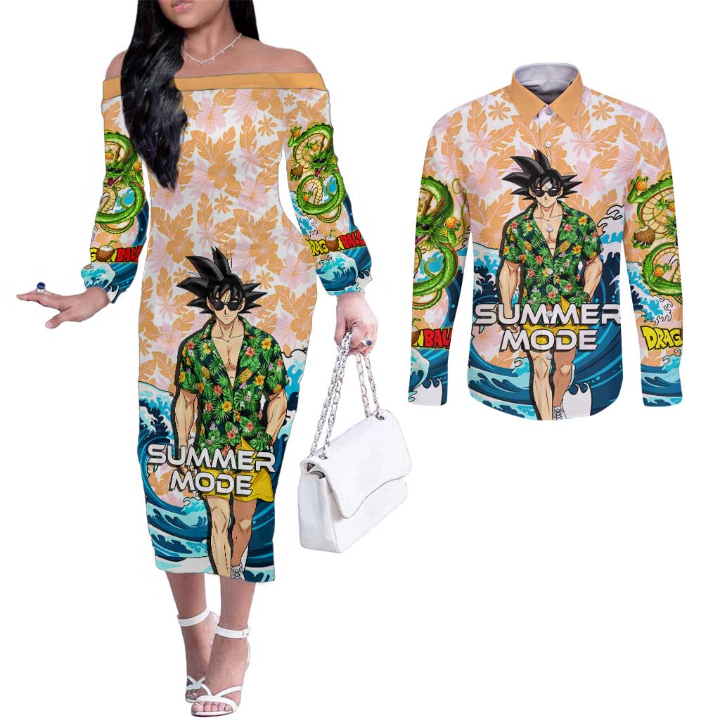 Goku Dragon Ball Summer Theme Couples Matching Off The Shoulder Long Sleeve Dress and Long Sleeve Button Shirt with Tropical Floral Shirt Sunglasses Shenron and Ocean Wave Background - The Mazicc