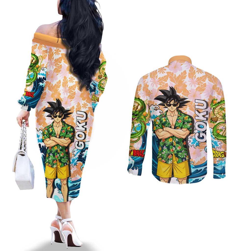 Goku Dragon Ball Summer Theme Couples Matching Off The Shoulder Long Sleeve Dress and Long Sleeve Button Shirt with Tropical Floral Shirt Sunglasses Shenron and Ocean Wave Background - The Mazicc