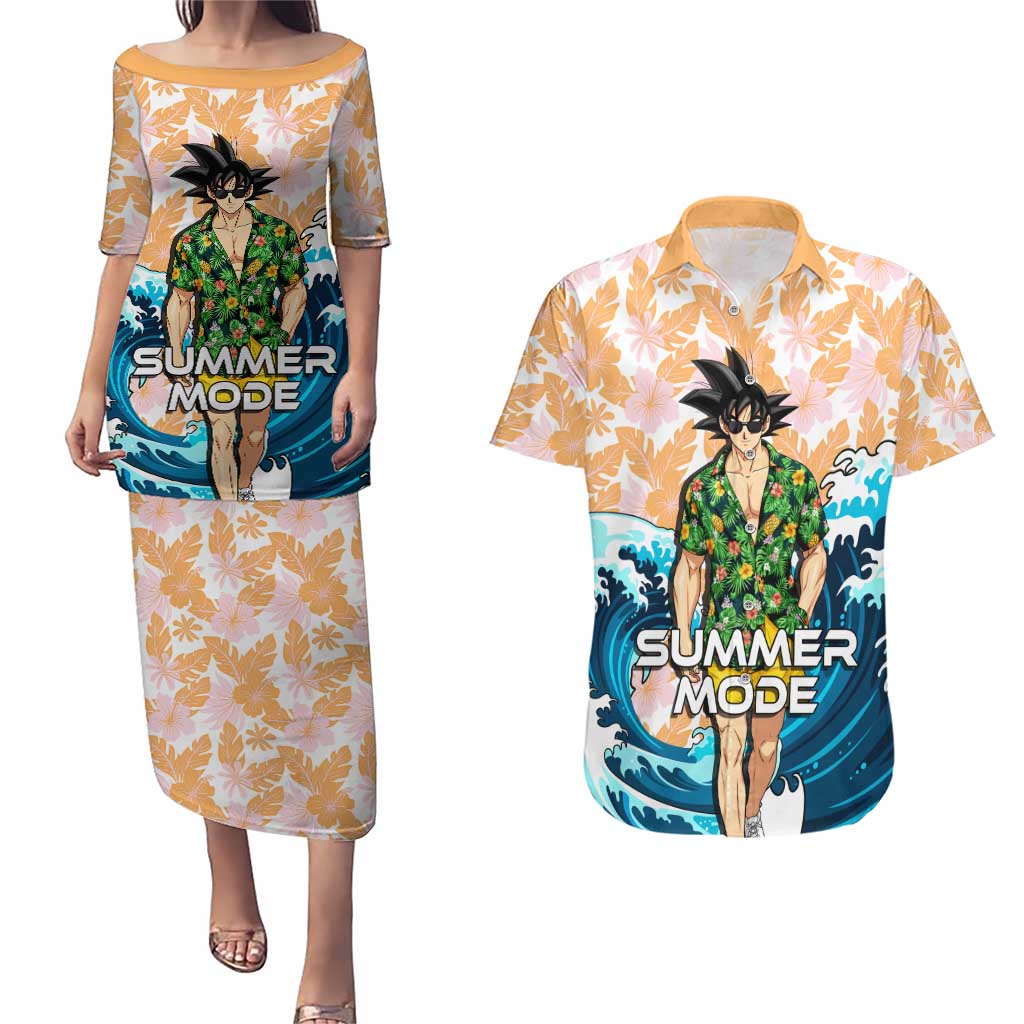 Goku Dragon Ball Summer Theme Couples Matching Puletasi and Hawaiian Shirt with Tropical Floral Shirt Sunglasses Shenron and Ocean Wave Background - The Mazicc