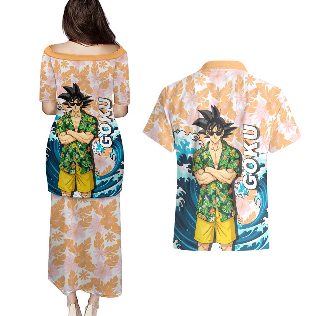 Goku Dragon Ball Summer Theme Couples Matching Puletasi and Hawaiian Shirt with Tropical Floral Shirt Sunglasses Shenron and Ocean Wave Background - The Mazicc