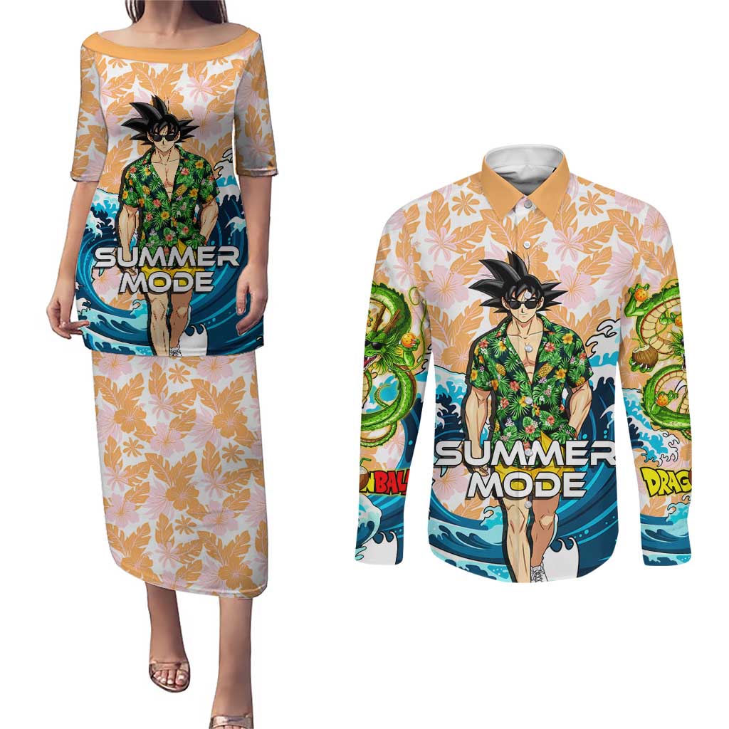 Goku Dragon Ball Summer Theme Couples Matching Puletasi and Long Sleeve Button Shirt with Tropical Floral Shirt Sunglasses Shenron and Ocean Wave Background - The Mazicc