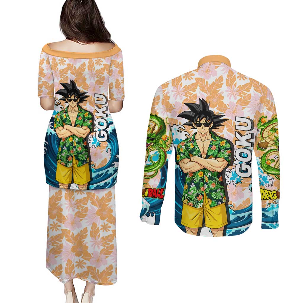 Goku Dragon Ball Summer Theme Couples Matching Puletasi and Long Sleeve Button Shirt with Tropical Floral Shirt Sunglasses Shenron and Ocean Wave Background - The Mazicc