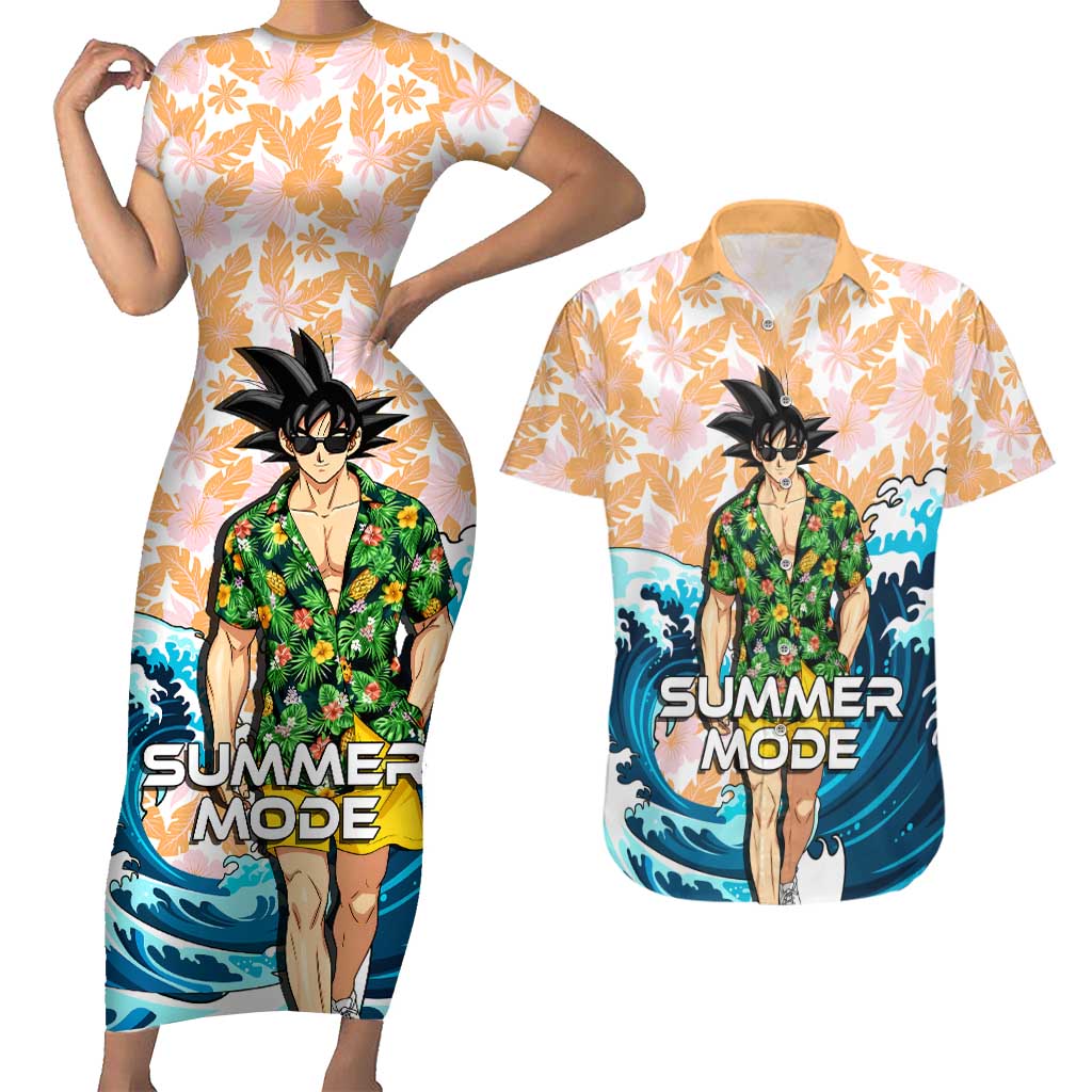 Goku Dragon Ball Summer Theme Couples Matching Short Sleeve Bodycon Dress and Hawaiian Shirt with Tropical Floral Shirt Sunglasses Shenron and Ocean Wave Background - The Mazicc
