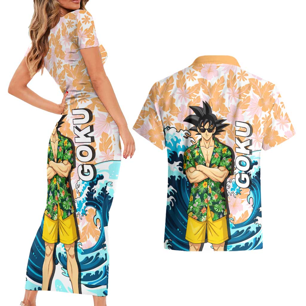 Goku Dragon Ball Summer Theme Couples Matching Short Sleeve Bodycon Dress and Hawaiian Shirt with Tropical Floral Shirt Sunglasses Shenron and Ocean Wave Background - The Mazicc