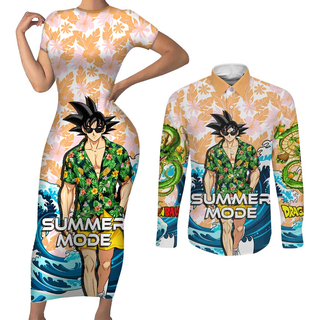 Goku Dragon Ball Summer Theme Couples Matching Short Sleeve Bodycon Dress and Long Sleeve Button Shirt with Tropical Floral Shirt Sunglasses Shenron and Ocean Wave Background - The Mazicc