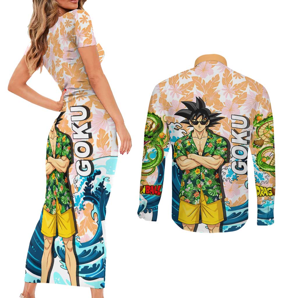 Goku Dragon Ball Summer Theme Couples Matching Short Sleeve Bodycon Dress and Long Sleeve Button Shirt with Tropical Floral Shirt Sunglasses Shenron and Ocean Wave Background - The Mazicc