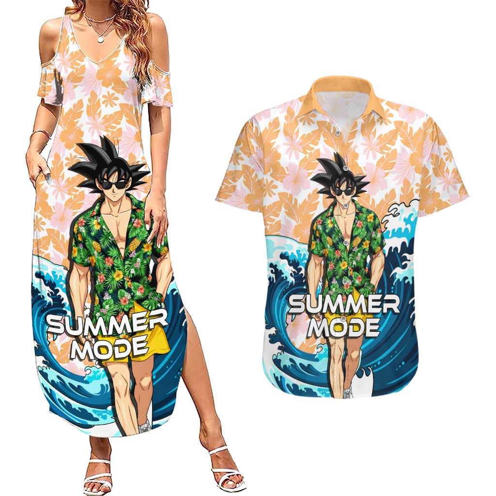 Goku Dragon Ball Summer Theme Couples Matching Summer Maxi Dress and Hawaiian Shirt with Tropical Floral Shirt Sunglasses Shenron and Ocean Wave Background - The Mazicc