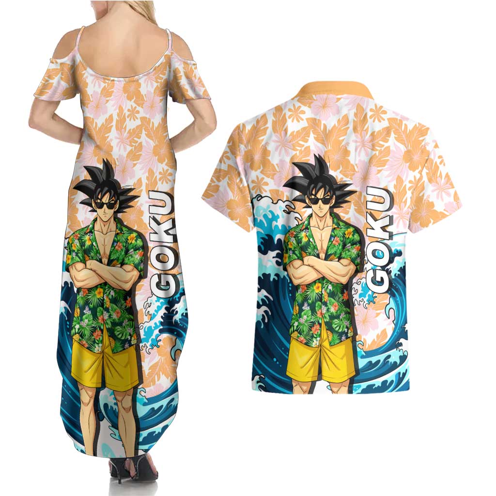 Goku Dragon Ball Summer Theme Couples Matching Summer Maxi Dress and Hawaiian Shirt with Tropical Floral Shirt Sunglasses Shenron and Ocean Wave Background - The Mazicc