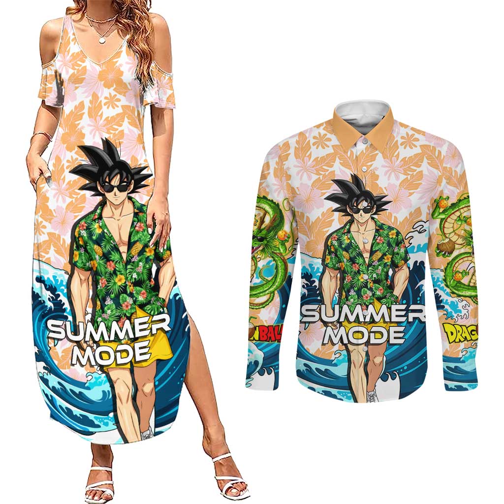 Goku Dragon Ball Summer Theme Couples Matching Summer Maxi Dress and Long Sleeve Button Shirt with Tropical Floral Shirt Sunglasses Shenron and Ocean Wave Background - The Mazicc