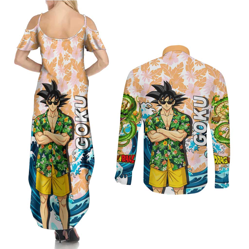 Goku Dragon Ball Summer Theme Couples Matching Summer Maxi Dress and Long Sleeve Button Shirt with Tropical Floral Shirt Sunglasses Shenron and Ocean Wave Background - The Mazicc