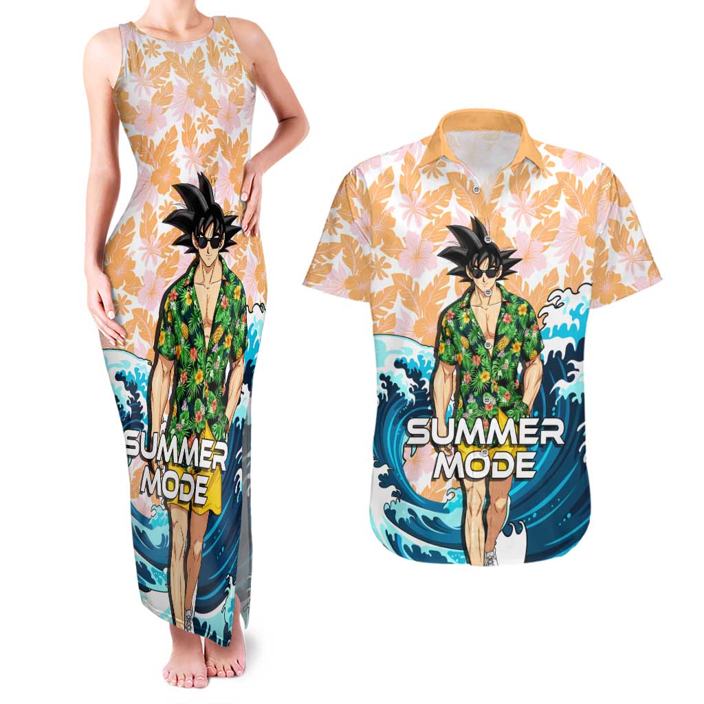 Goku Dragon Ball Summer Theme Couples Matching Tank Maxi Dress and Hawaiian Shirt with Tropical Floral Shirt Sunglasses Shenron and Ocean Wave Background - The Mazicc