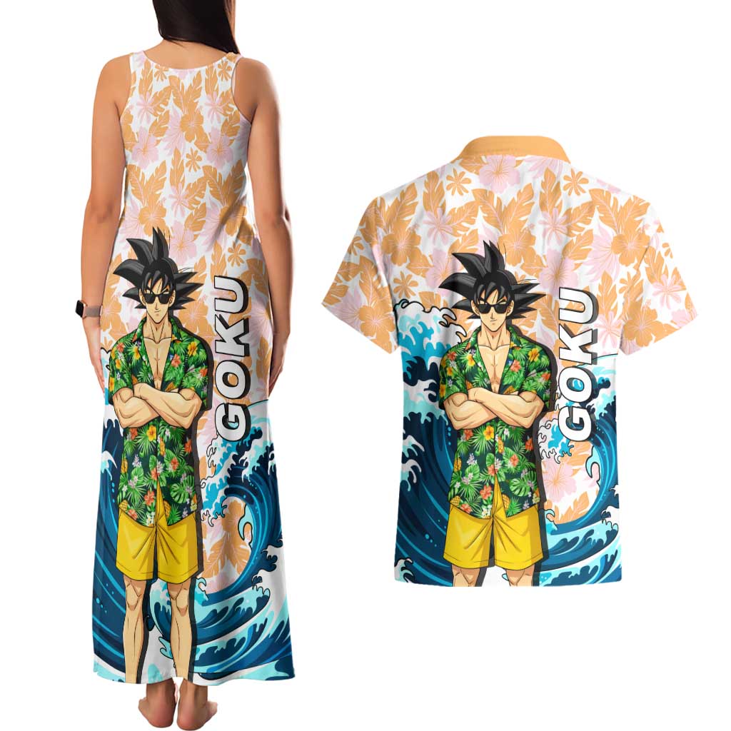 Goku Dragon Ball Summer Theme Couples Matching Tank Maxi Dress and Hawaiian Shirt with Tropical Floral Shirt Sunglasses Shenron and Ocean Wave Background - The Mazicc