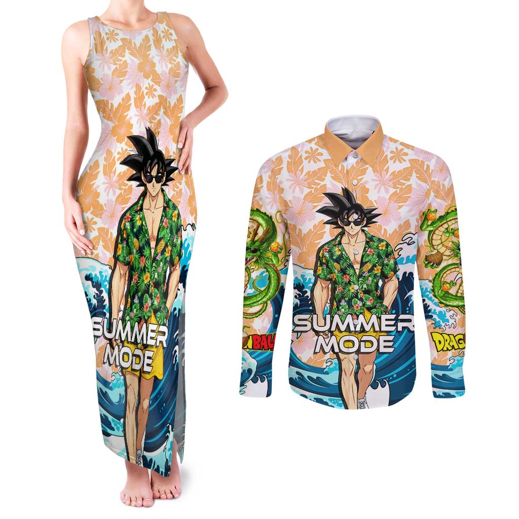 Goku Dragon Ball Summer Theme Couples Matching Tank Maxi Dress and Long Sleeve Button Shirt with Tropical Floral Shirt Sunglasses Shenron and Ocean Wave Background - The Mazicc