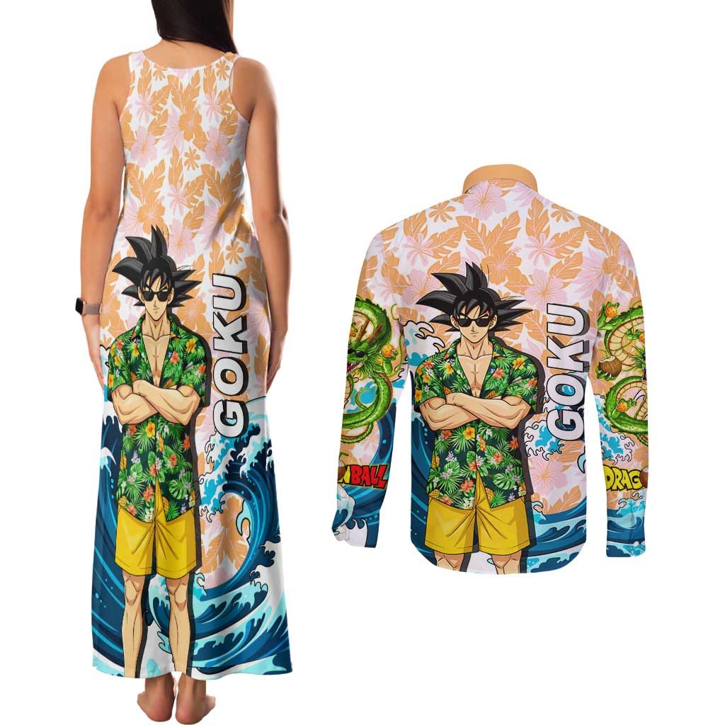 Goku Dragon Ball Summer Theme Couples Matching Tank Maxi Dress and Long Sleeve Button Shirt with Tropical Floral Shirt Sunglasses Shenron and Ocean Wave Background - The Mazicc