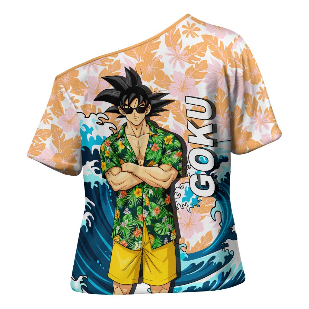 Goku Dragon Ball Summer Theme Cross Shoulder Shirt with Tropical Floral Shirt Sunglasses Shenron and Ocean Wave Background - The Mazicc