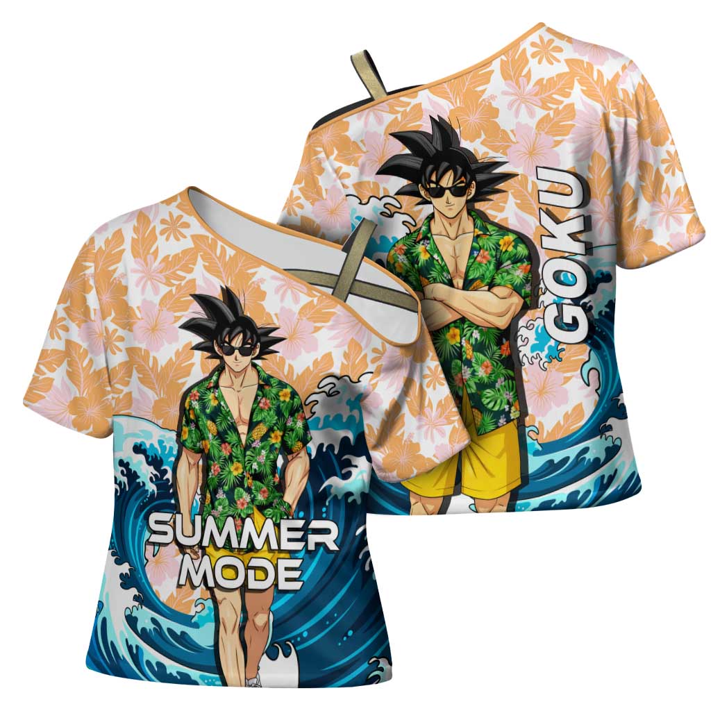 Goku Dragon Ball Summer Theme Cross Shoulder Shirt with Tropical Floral Shirt Sunglasses Shenron and Ocean Wave Background - The Mazicc