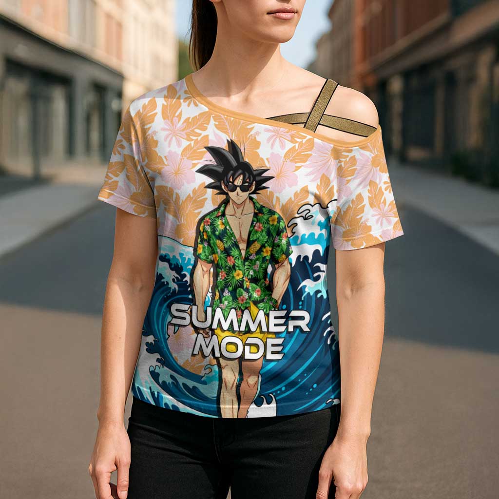 Goku Dragon Ball Summer Theme Cross Shoulder Shirt with Tropical Floral Shirt Sunglasses Shenron and Ocean Wave Background - The Mazicc