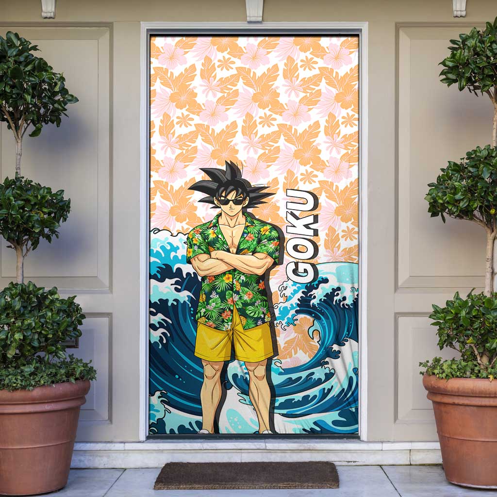 Goku Dragon Ball Summer Theme Door Cover with Tropical Floral Shirt Sunglasses Shenron and Ocean Wave Background - The Mazicc