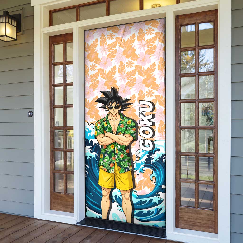 Goku Dragon Ball Summer Theme Door Cover with Tropical Floral Shirt Sunglasses Shenron and Ocean Wave Background - The Mazicc