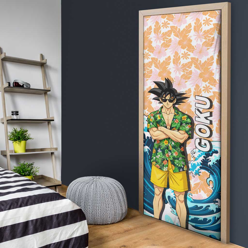 Goku Dragon Ball Summer Theme Door Cover with Tropical Floral Shirt Sunglasses Shenron and Ocean Wave Background - The Mazicc