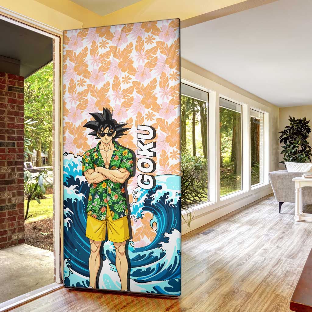 Goku Dragon Ball Summer Theme Door Cover with Tropical Floral Shirt Sunglasses Shenron and Ocean Wave Background - The Mazicc