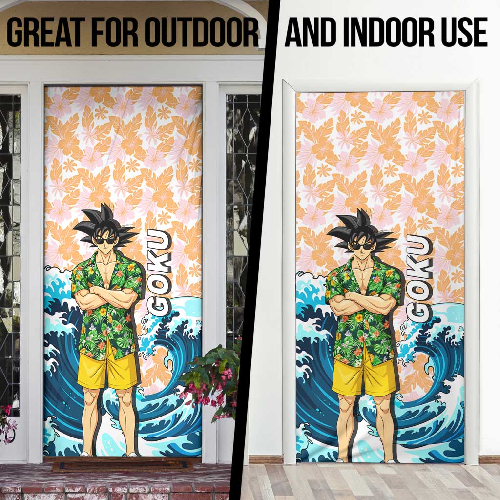 Goku Dragon Ball Summer Theme Door Cover with Tropical Floral Shirt Sunglasses Shenron and Ocean Wave Background - The Mazicc