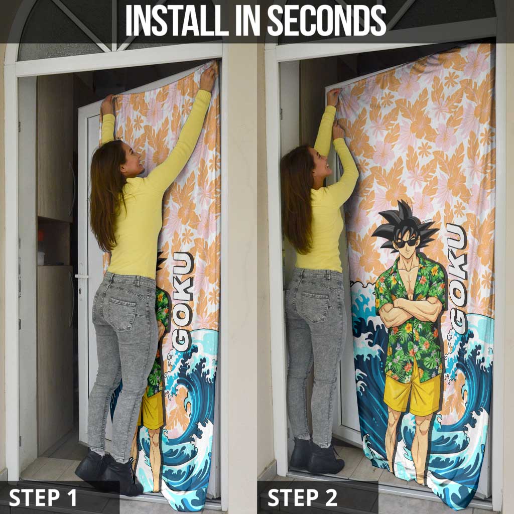 Goku Dragon Ball Summer Theme Door Cover with Tropical Floral Shirt Sunglasses Shenron and Ocean Wave Background - The Mazicc
