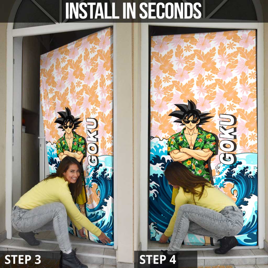 Goku Dragon Ball Summer Theme Door Cover with Tropical Floral Shirt Sunglasses Shenron and Ocean Wave Background - The Mazicc