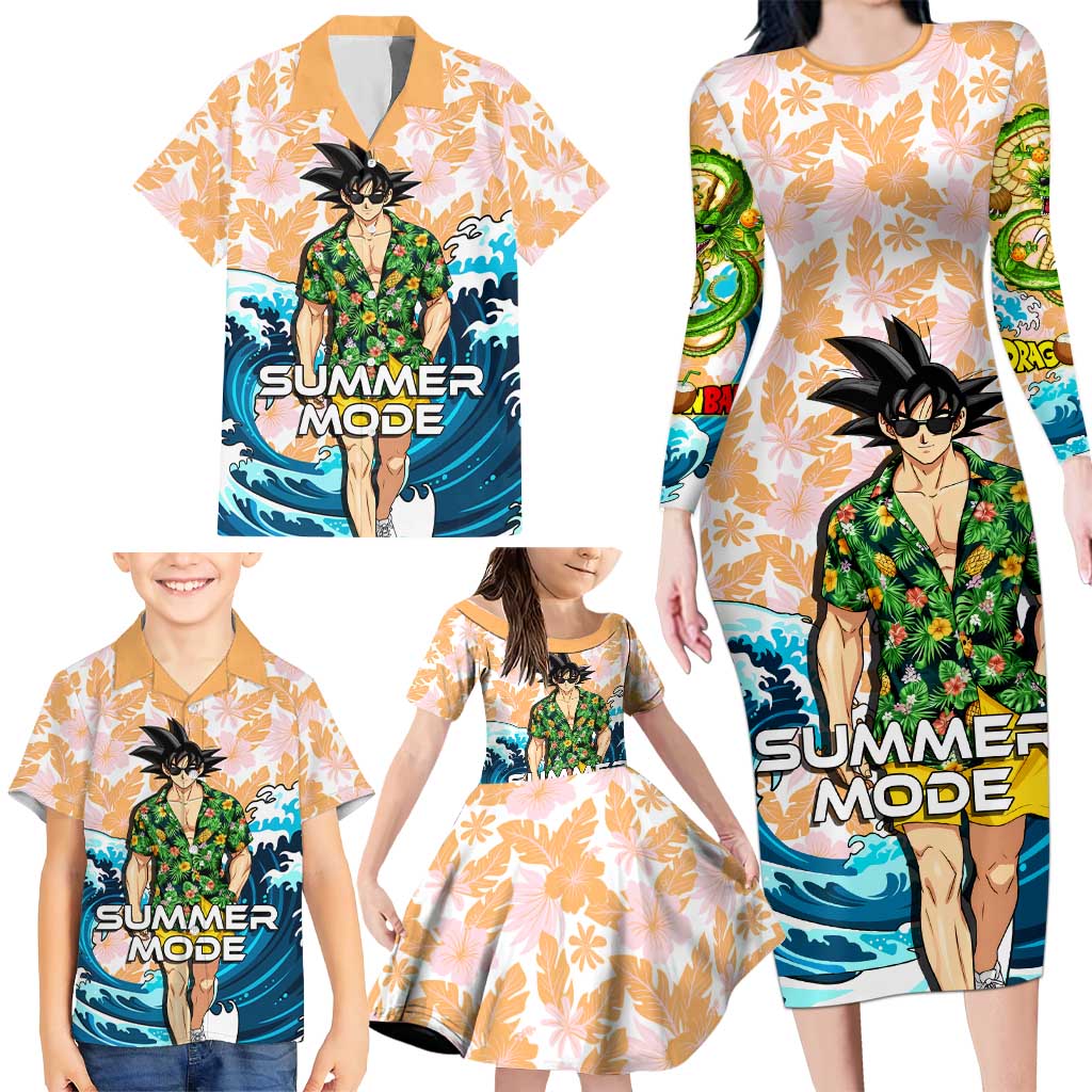 Goku Dragon Ball Summer Theme Family Matching Long Sleeve Bodycon Dress and Hawaiian Shirt with Tropical Floral Shirt Sunglasses Shenron and Ocean Wave Background
