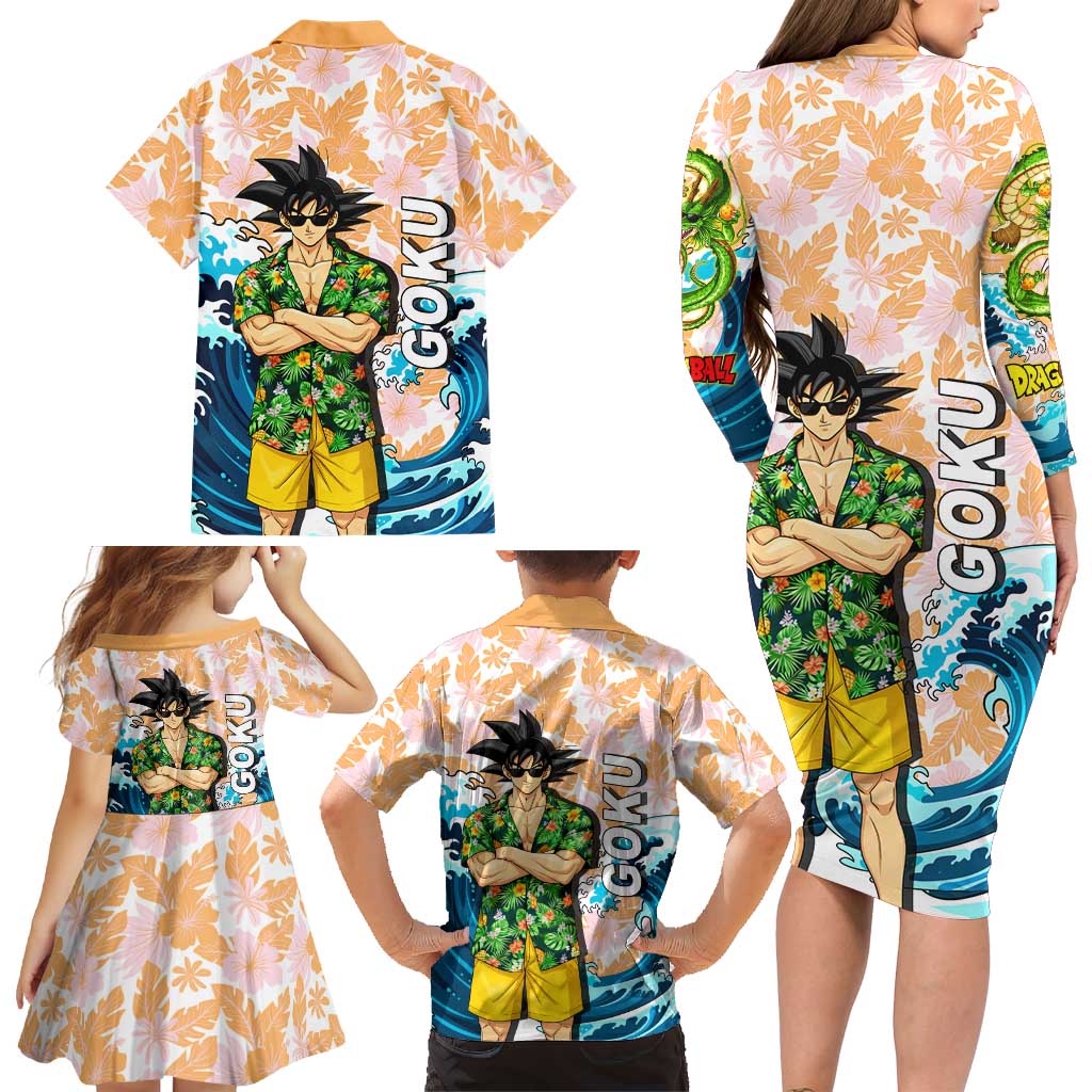 Goku Dragon Ball Summer Theme Family Matching Long Sleeve Bodycon Dress and Hawaiian Shirt with Tropical Floral Shirt Sunglasses Shenron and Ocean Wave Background