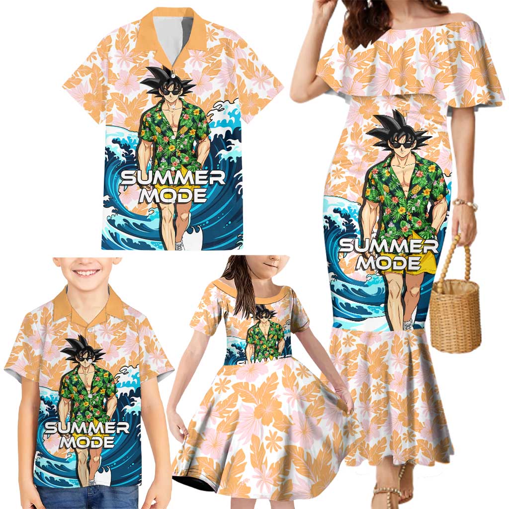Goku Dragon Ball Summer Theme Family Matching Mermaid Dress and Hawaiian Shirt with Tropical Floral Shirt Sunglasses Shenron and Ocean Wave Background