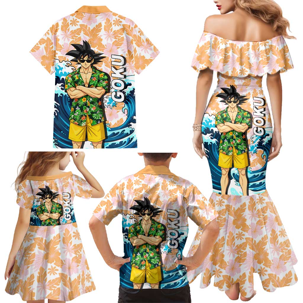 Goku Dragon Ball Summer Theme Family Matching Mermaid Dress and Hawaiian Shirt with Tropical Floral Shirt Sunglasses Shenron and Ocean Wave Background
