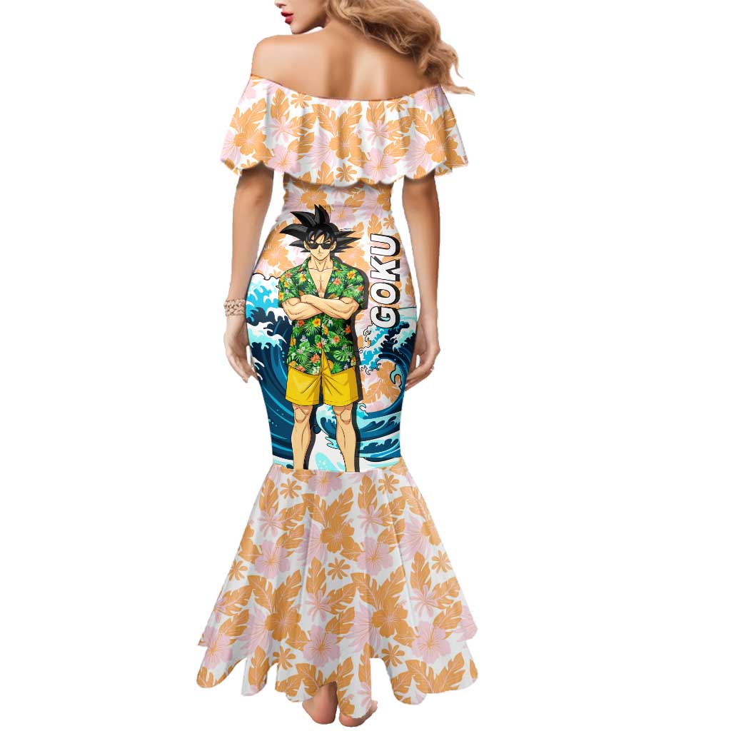 Goku Dragon Ball Summer Theme Family Matching Mermaid Dress and Hawaiian Shirt with Tropical Floral Shirt Sunglasses Shenron and Ocean Wave Background