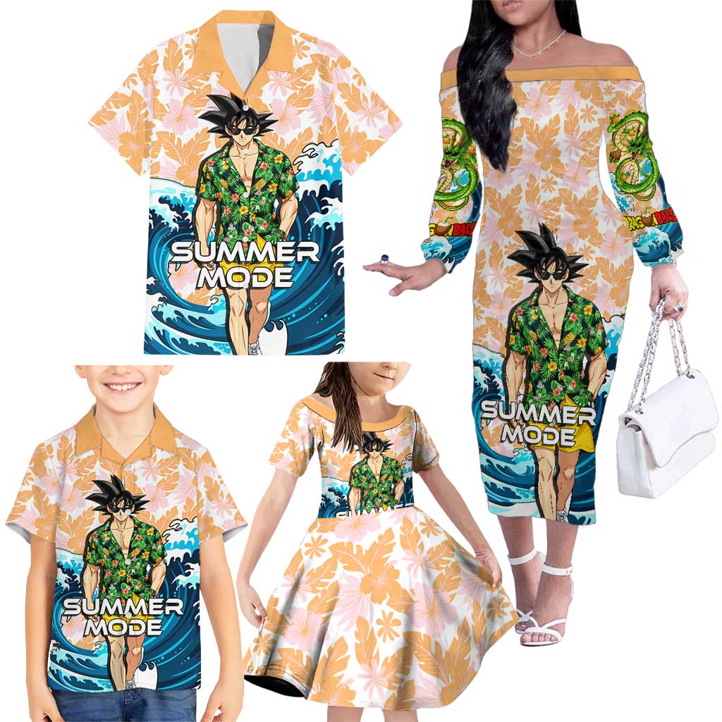 Goku Dragon Ball Summer Theme Family Matching Off The Shoulder Long Sleeve Dress and Hawaiian Shirt with Tropical Floral Shirt Sunglasses Shenron and Ocean Wave Background