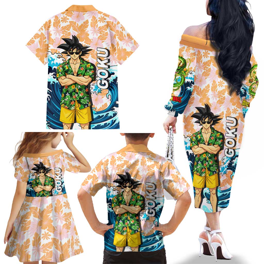 Goku Dragon Ball Summer Theme Family Matching Off The Shoulder Long Sleeve Dress and Hawaiian Shirt with Tropical Floral Shirt Sunglasses Shenron and Ocean Wave Background