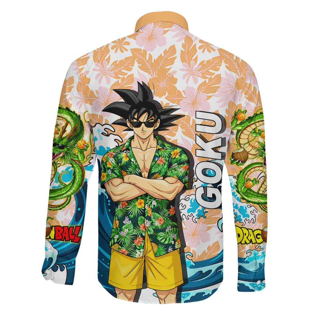 Goku Dragon Ball Summer Theme Family Matching Off The Shoulder Long Sleeve Dress and Hawaiian Shirt with Tropical Floral Shirt Sunglasses Shenron and Ocean Wave Background