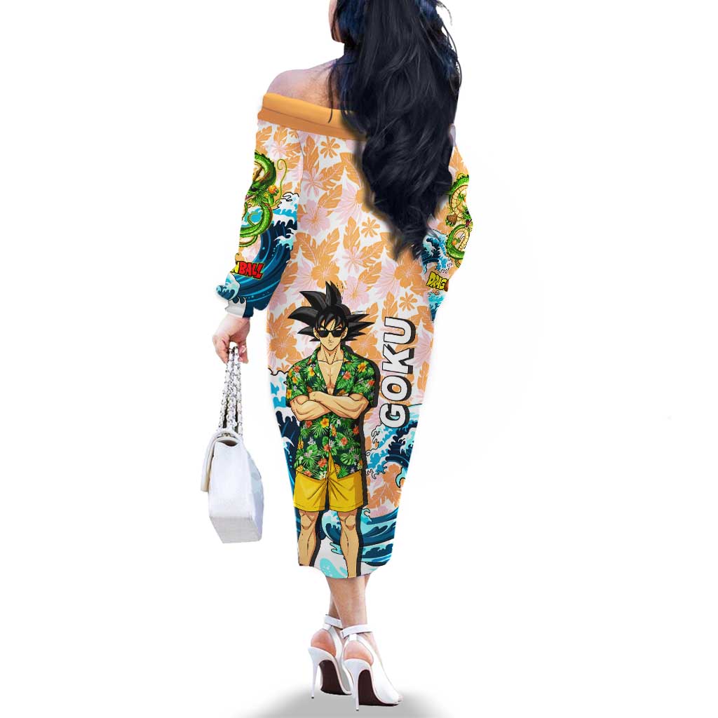Goku Dragon Ball Summer Theme Family Matching Off The Shoulder Long Sleeve Dress and Hawaiian Shirt with Tropical Floral Shirt Sunglasses Shenron and Ocean Wave Background