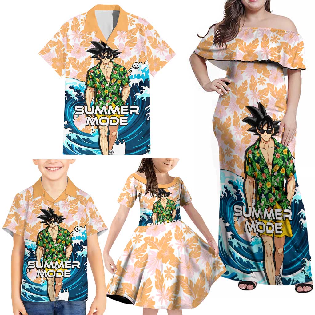 Goku Dragon Ball Summer Theme Family Matching Off Shoulder Maxi Dress and Hawaiian Shirt with Tropical Floral Shirt Sunglasses Shenron and Ocean Wave Background