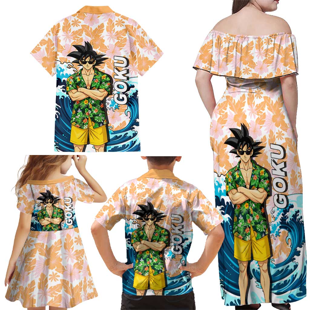 Goku Dragon Ball Summer Theme Family Matching Off Shoulder Maxi Dress and Hawaiian Shirt with Tropical Floral Shirt Sunglasses Shenron and Ocean Wave Background