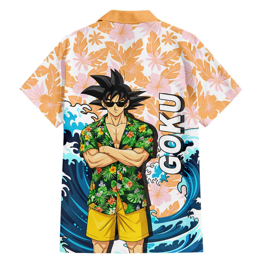 Goku Dragon Ball Summer Theme Family Matching Off Shoulder Maxi Dress and Hawaiian Shirt with Tropical Floral Shirt Sunglasses Shenron and Ocean Wave Background