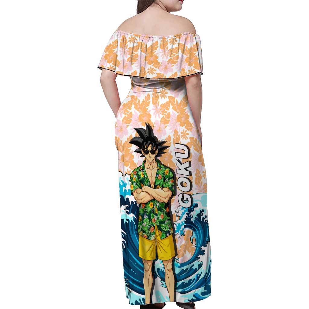 Goku Dragon Ball Summer Theme Family Matching Off Shoulder Maxi Dress and Hawaiian Shirt with Tropical Floral Shirt Sunglasses Shenron and Ocean Wave Background